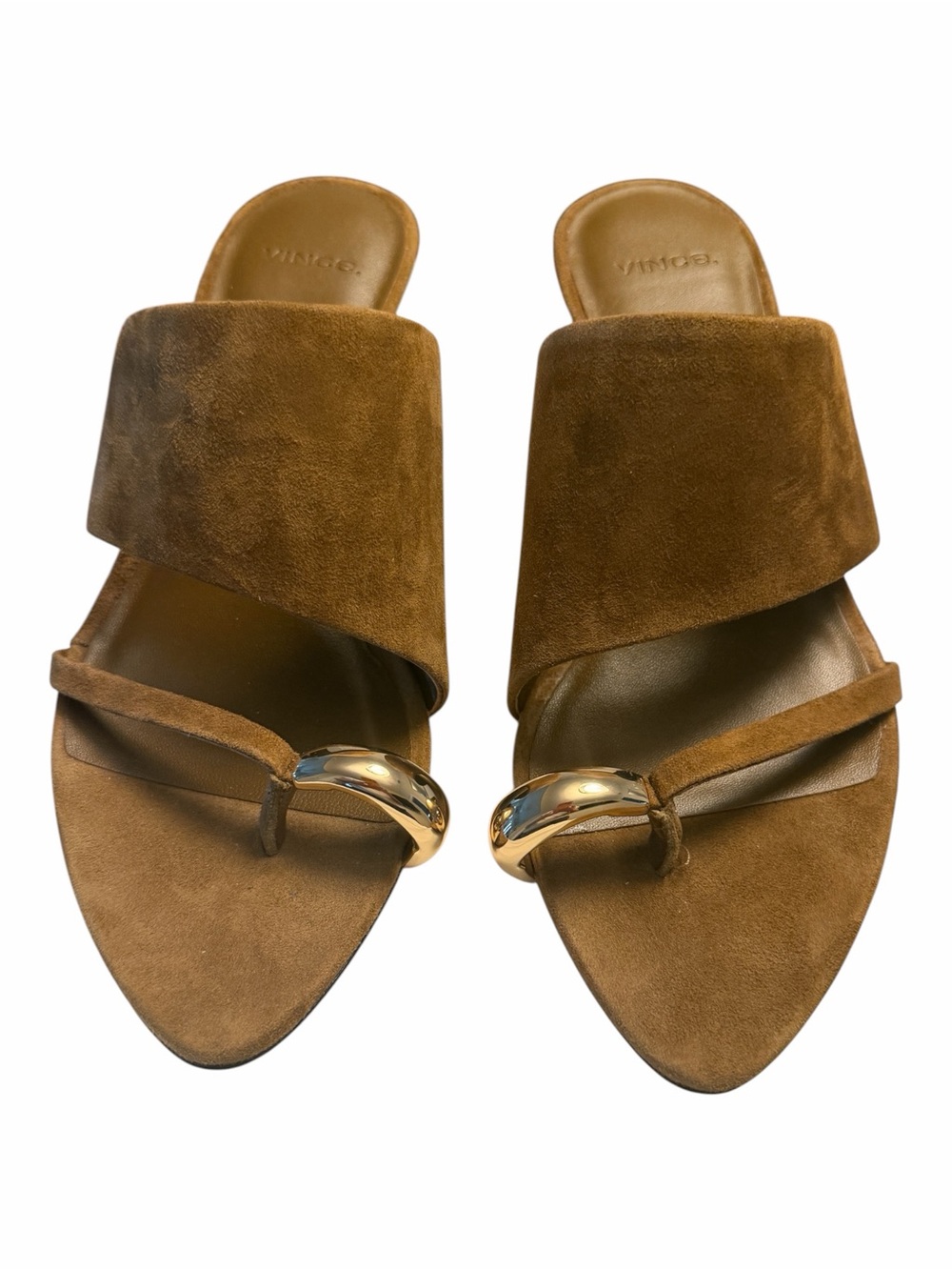Vince Suzie Suede Sandals Brown Suede & Gold Toe Ring Kitten Heel NIB $298